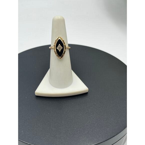 Vintage Designer Art Deco 10k Yellow Gold 3.5 grams Marquise Black Onyx Ring 6.5 - Picture 2 of 9